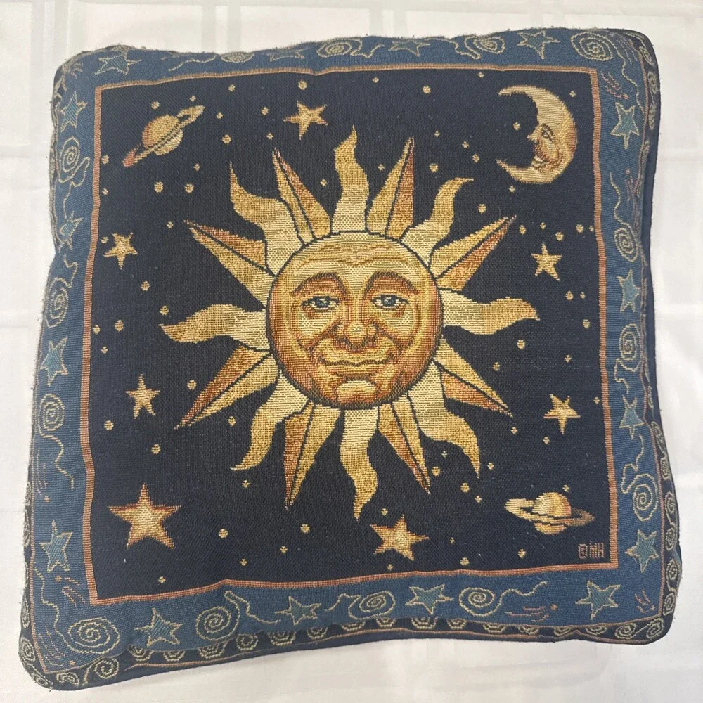 Pair Vyg 90s Celestial Whimsigoth Sun Moon Blue Yellow Tapestry Throw Pillows